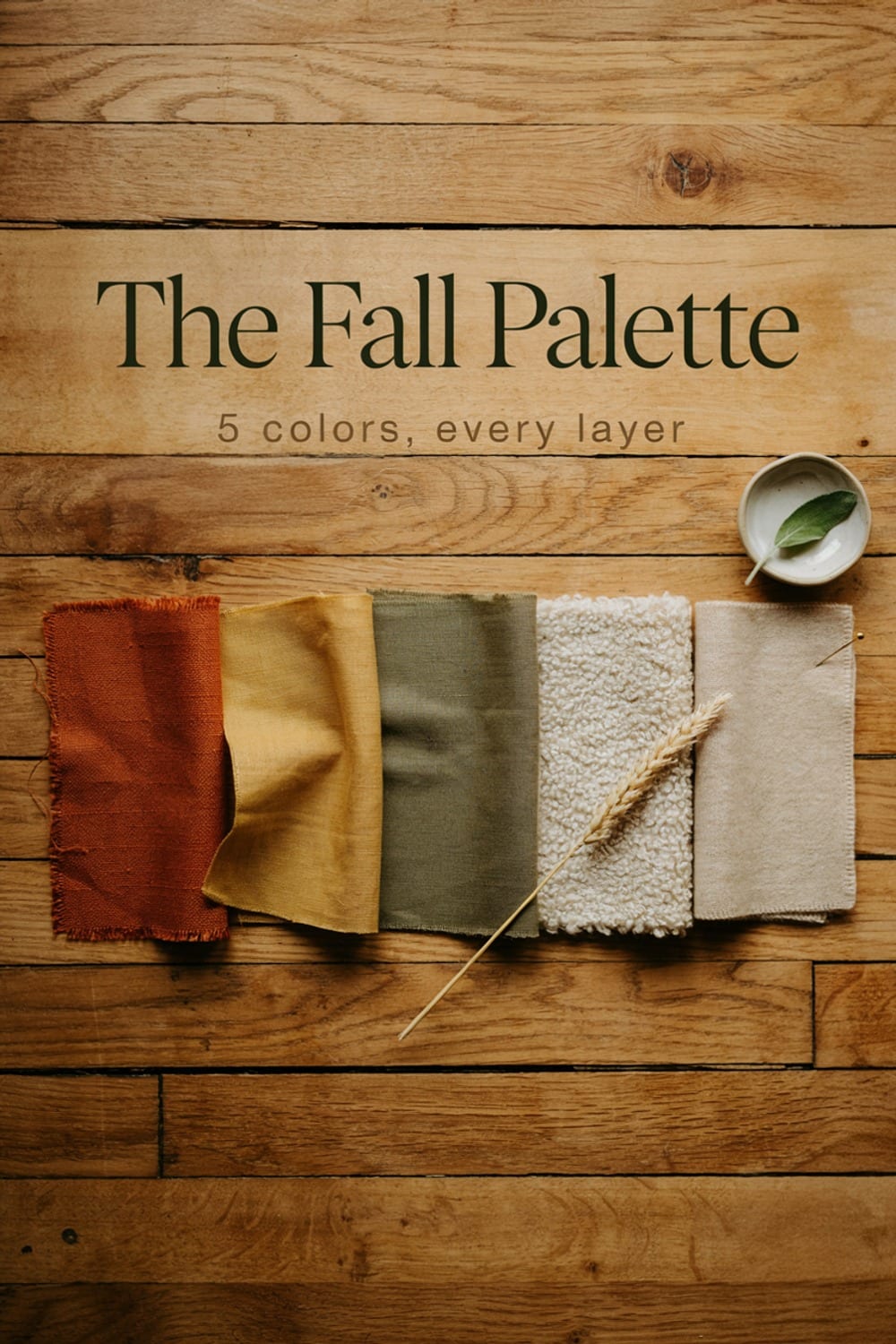 Rust mustard olive cream and camel fabric swatches arranged in a row