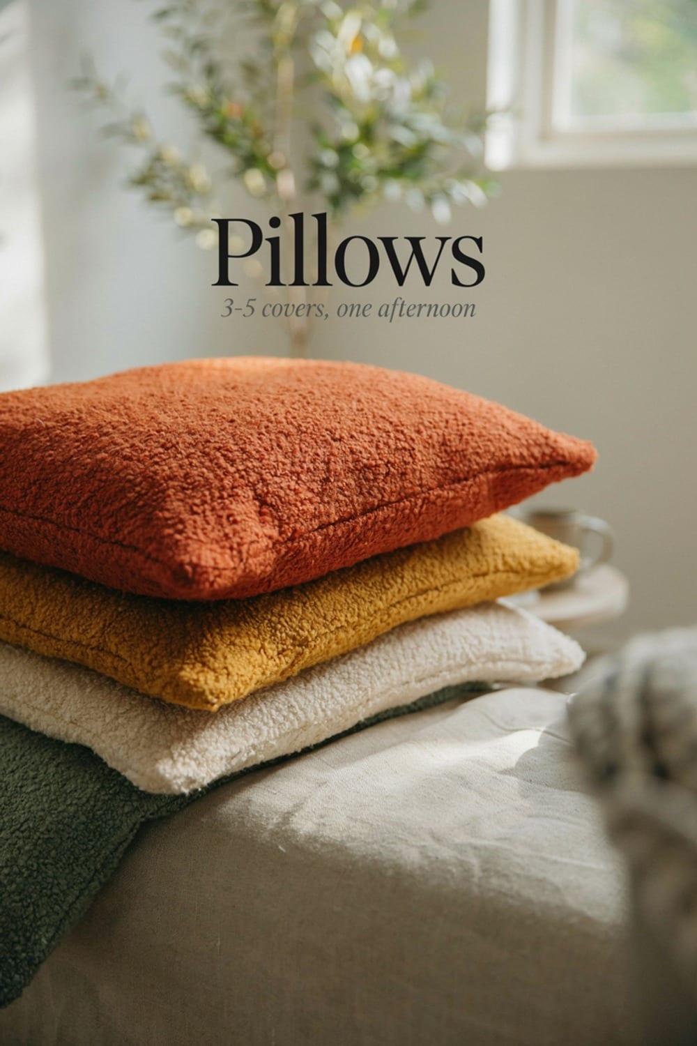 Rust and mustard boucle pillow covers stacked on a couch ready for the fall swap
